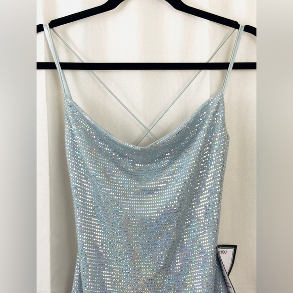 City Studios Juniors Womens Light Blue Metallic Mini Slip Dress Cowl Neck S NWT - Picture 7 of 11